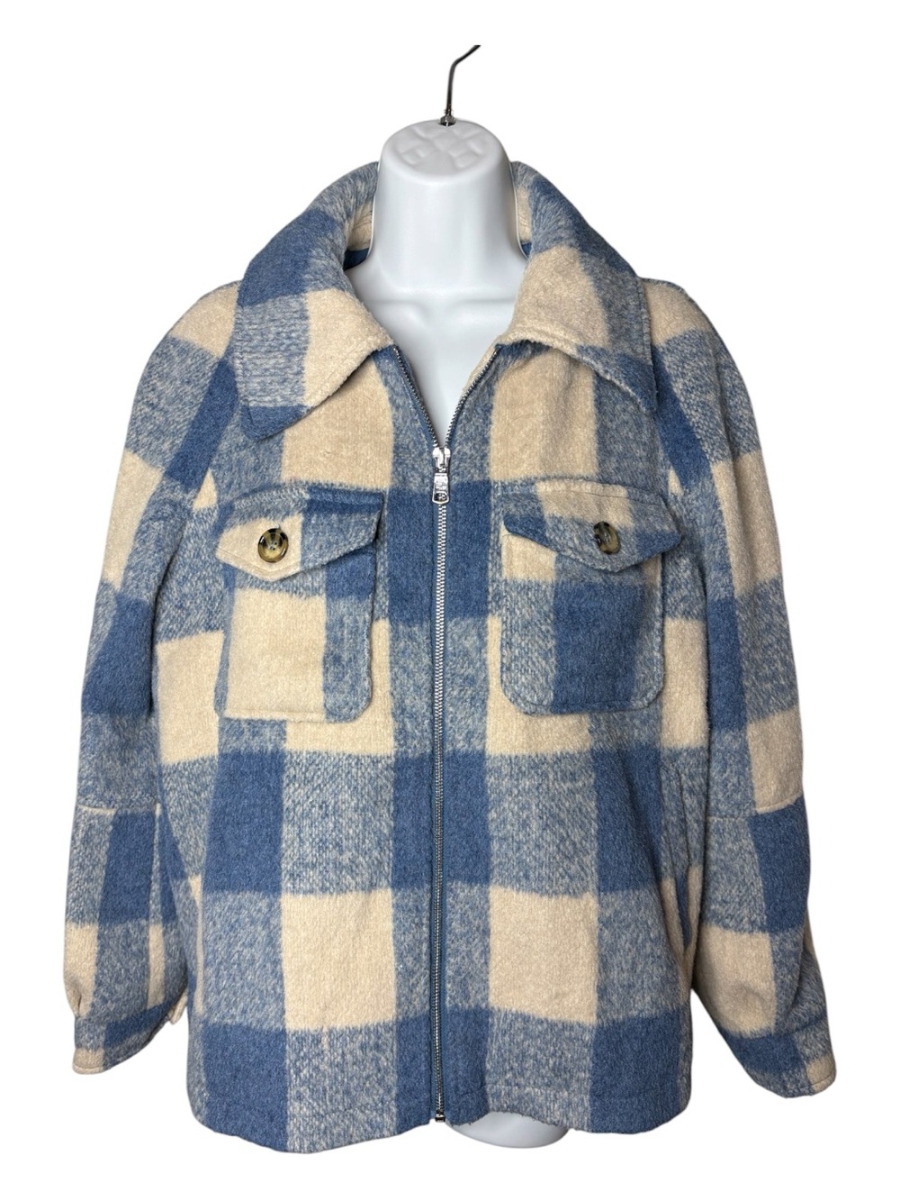 Anthropologie Avec Les Filles Plaid Blue Cream Full Women’s L Zip Shacket Fall